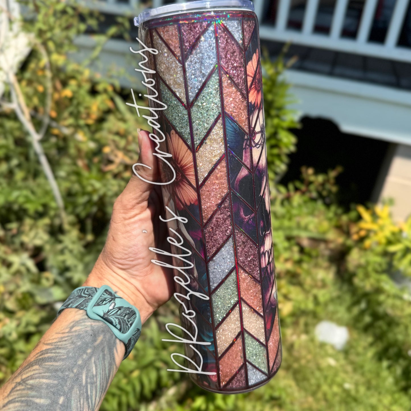 Grunge Floral Skull Stained Glass Tangram