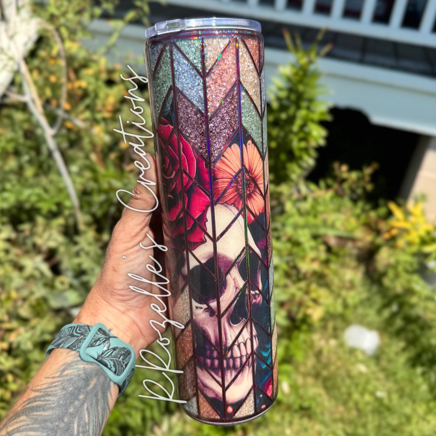Grunge Floral Skull Stained Glass Tangram
