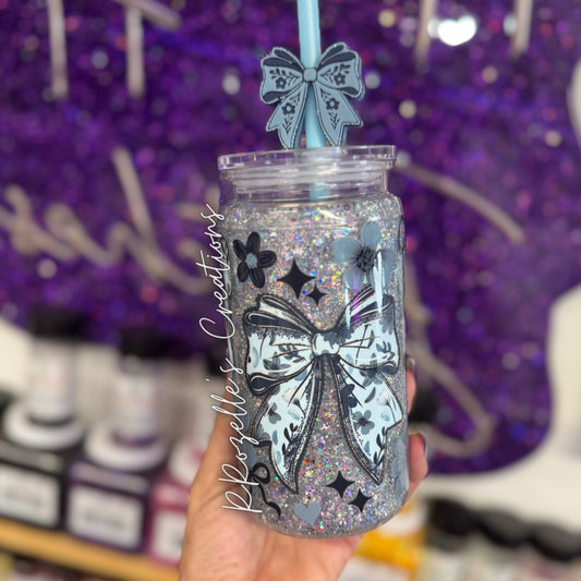 16oz Acrylic Handled Snow Globe- Blue Bows