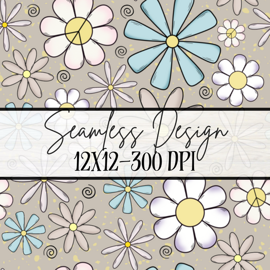 Retro Flowers Gray Seamless- Large Print