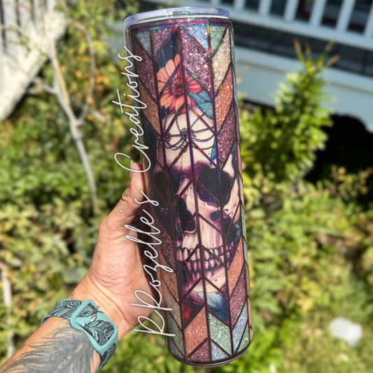 Grunge Floral Skull Stained Glass Tangram