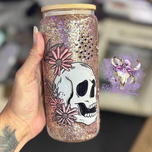 16oz Glass Snowglobe - Floral Skully