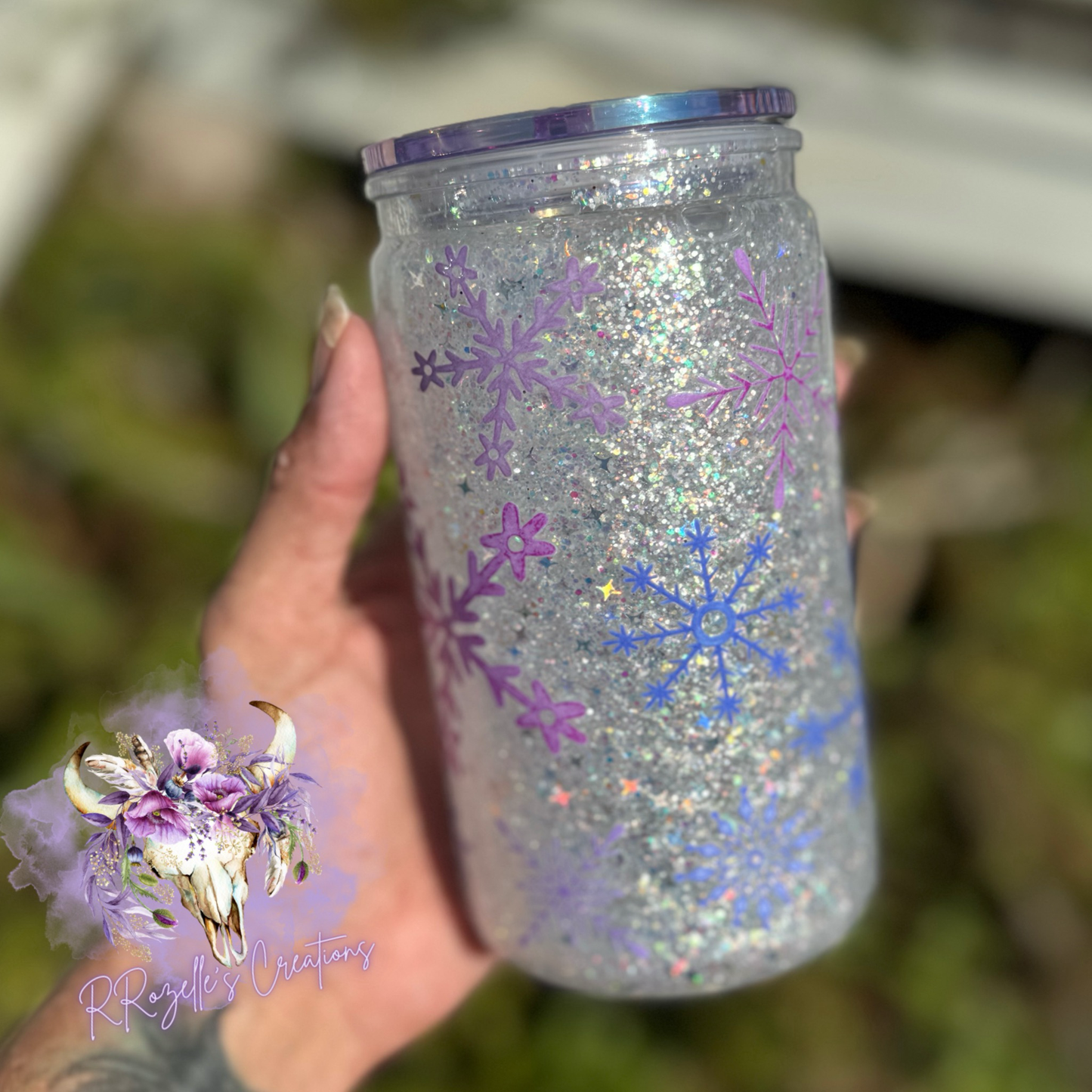 16oz Acrylic Snowglobe - Purple Snowflakes