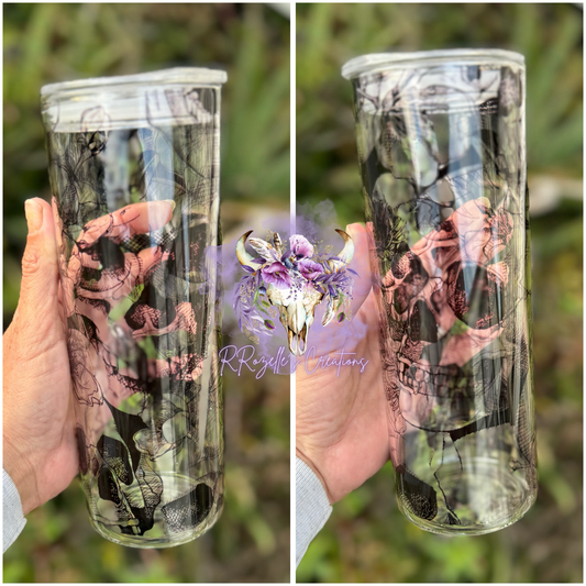 20 oz Glass- Skull & Lilies